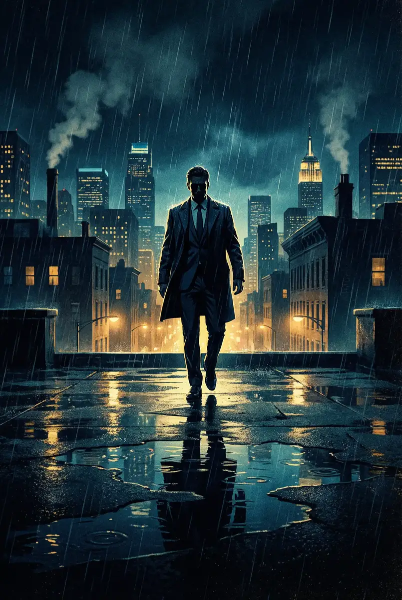 睡美人 电影未删减 出品影片《雨夜独行者》海报，雨中城市屋顶男性剪影